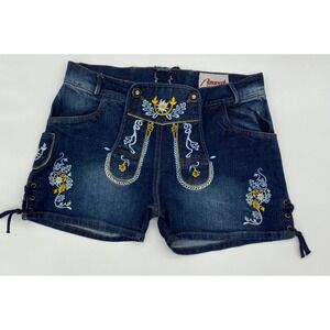 Octoberfest Women Denim Lederhosen Shorts Embroidered Bavarian Style Size 44